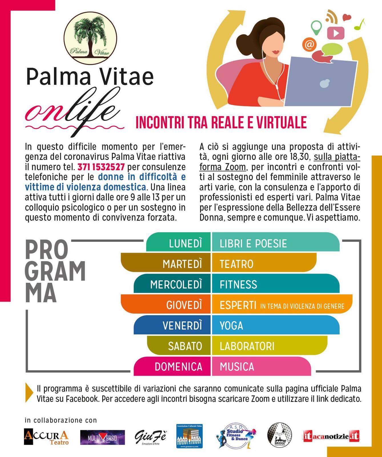 “Palma Vitae OnLife”, sostegno alle donne con incontri interattivi