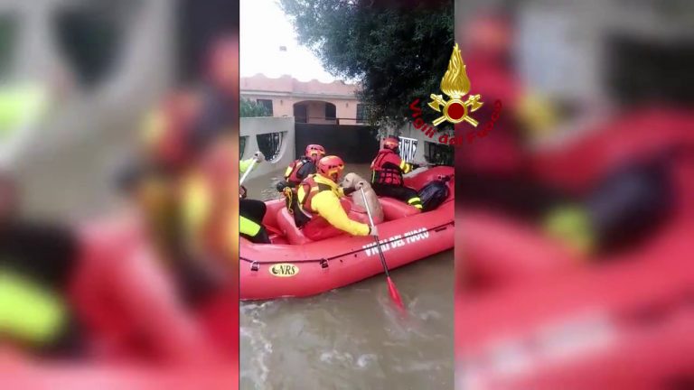 Maltempo, i vigili del fuoco salvano in gommone un uomo e il suo cane