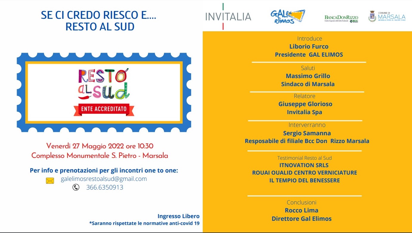 “Resto al Sud”, a Marsala l’evento organizzato dal Gal Elimos