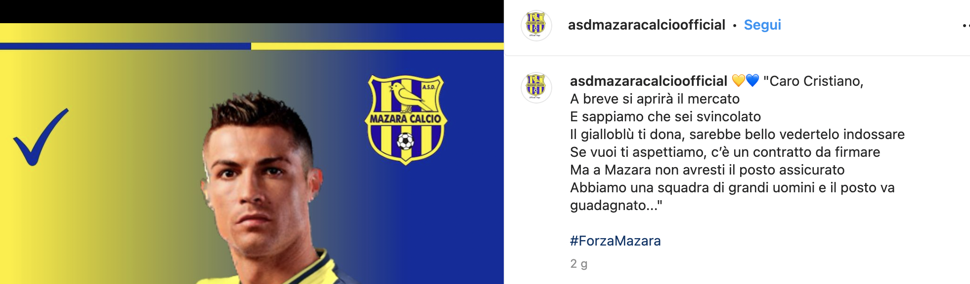 Il post ironico del Mazara Calcio: “Cristiano Ronaldo vieni da noi…”