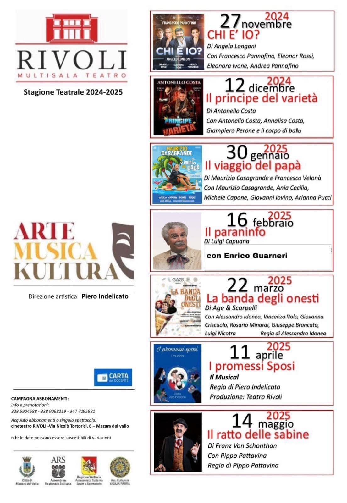 Al Teatro Rivoli di Mazara riparte “Arte Musica Kultura”, si inizia con Pannofino