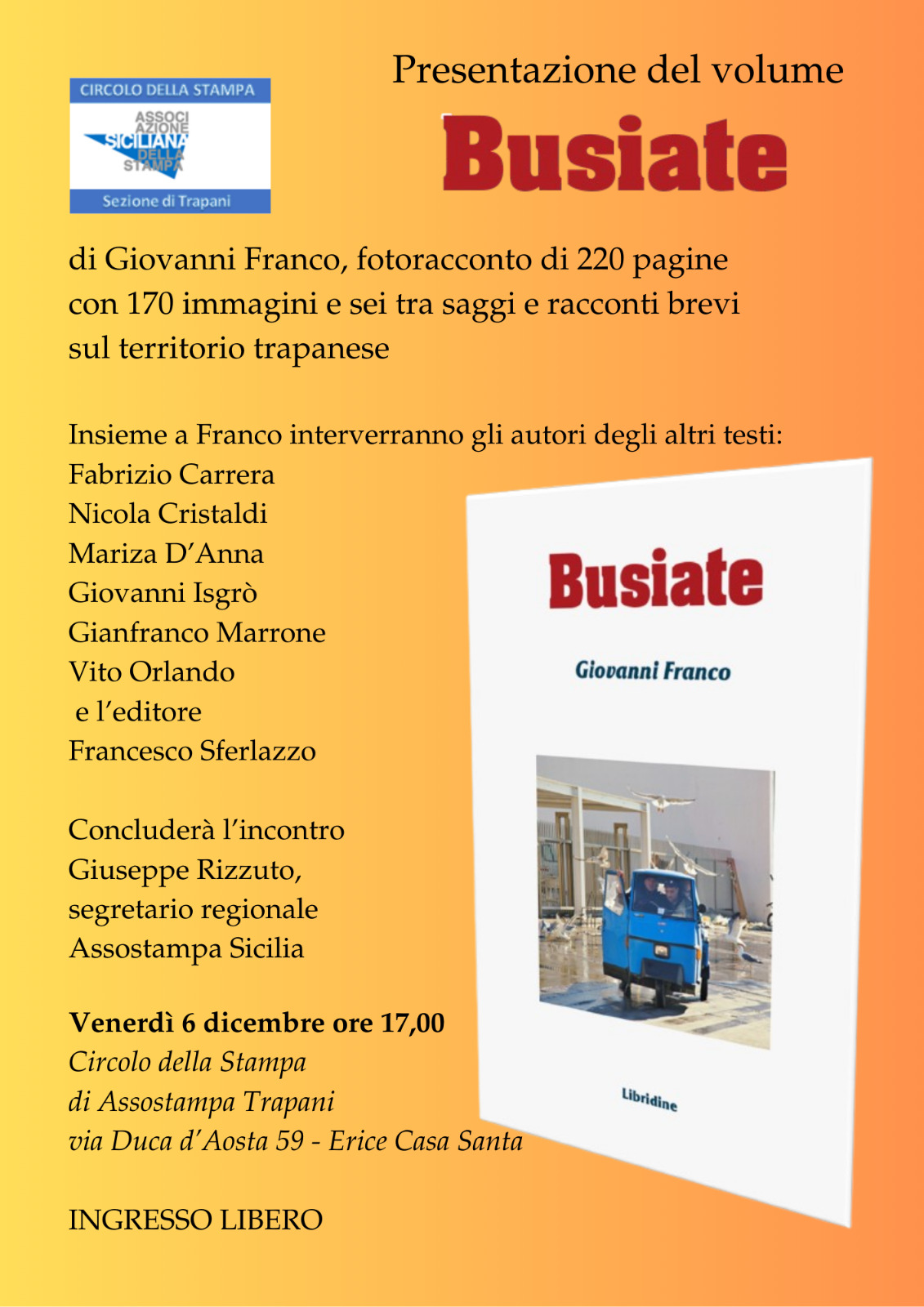 “Busiate” di Giovanni Franco inaugura il Circolo della Stampa di Trapani