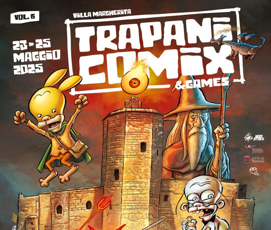 Il manifesto del Trapani Comix & Games 2025 a firma dello storico del fumetto Leo Ortolani