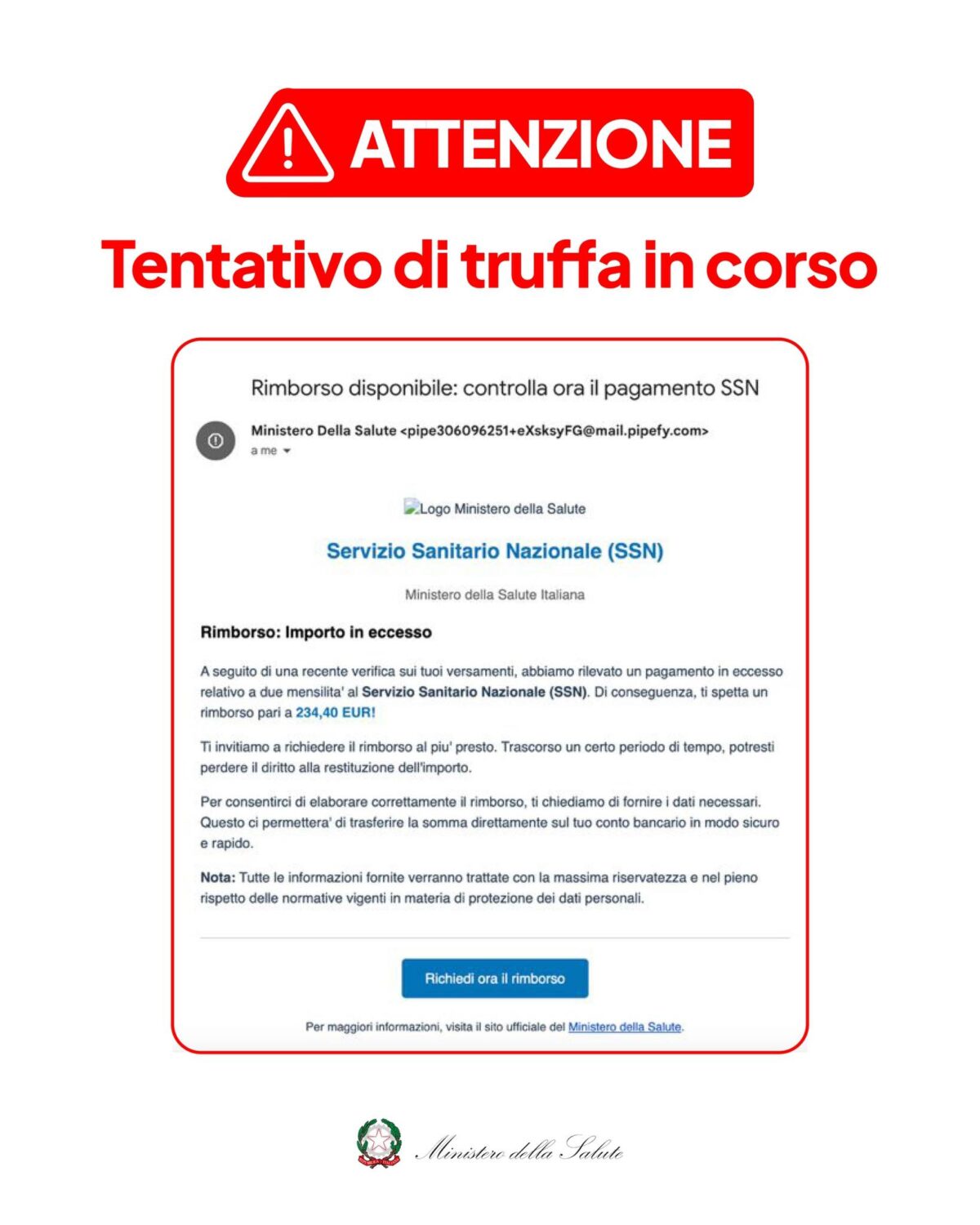 Un’altra truffa in atto: false mail dal Ministero della Salute