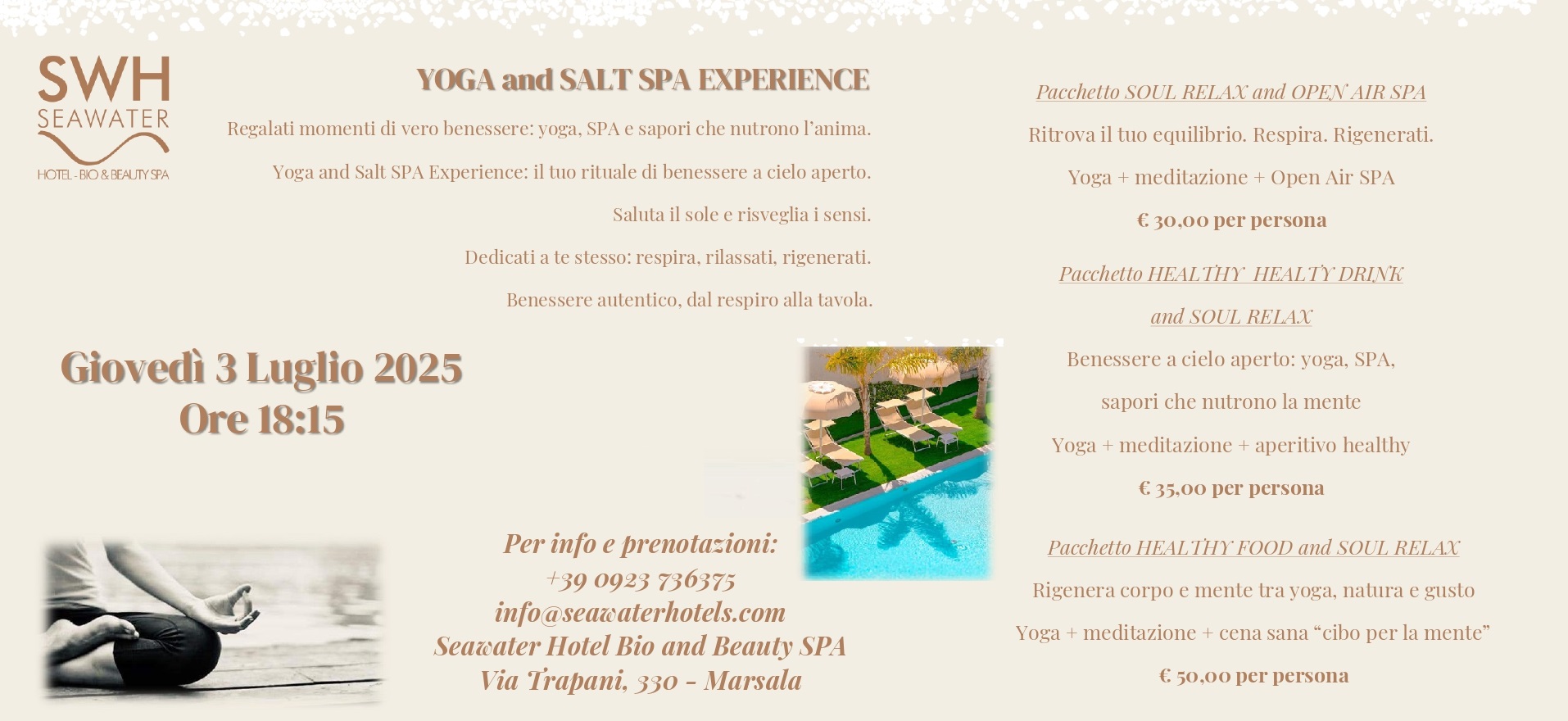 Yoga and Salt SPA Experience: un appuntamento imperdibile per il benessere al Seawater Hotel Bio and Beauty SPA di Marsala