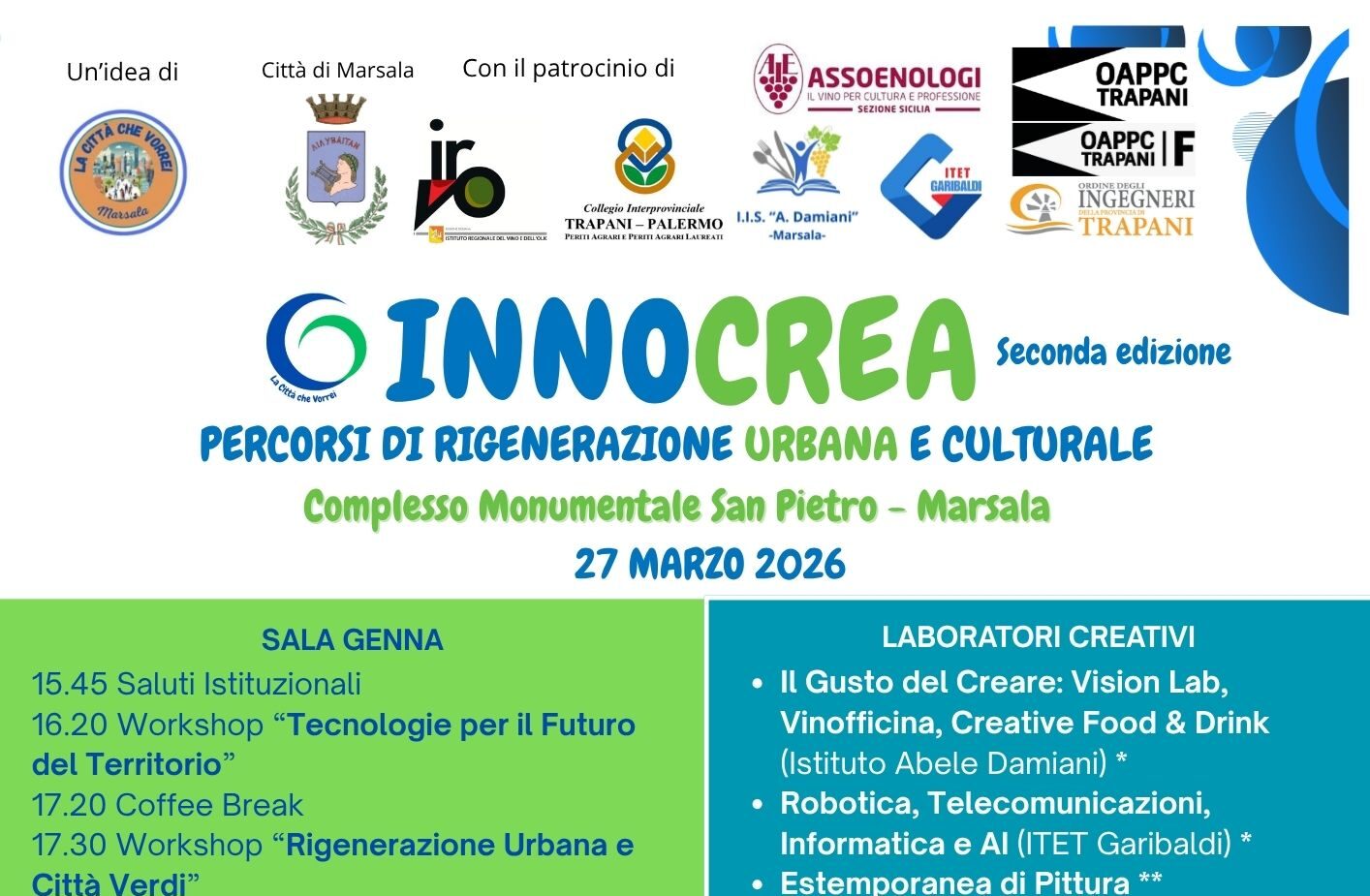 A Marsala la seconda edizione di Innocrea, innovazione e sostenibilità con gli esperti a San Pietro