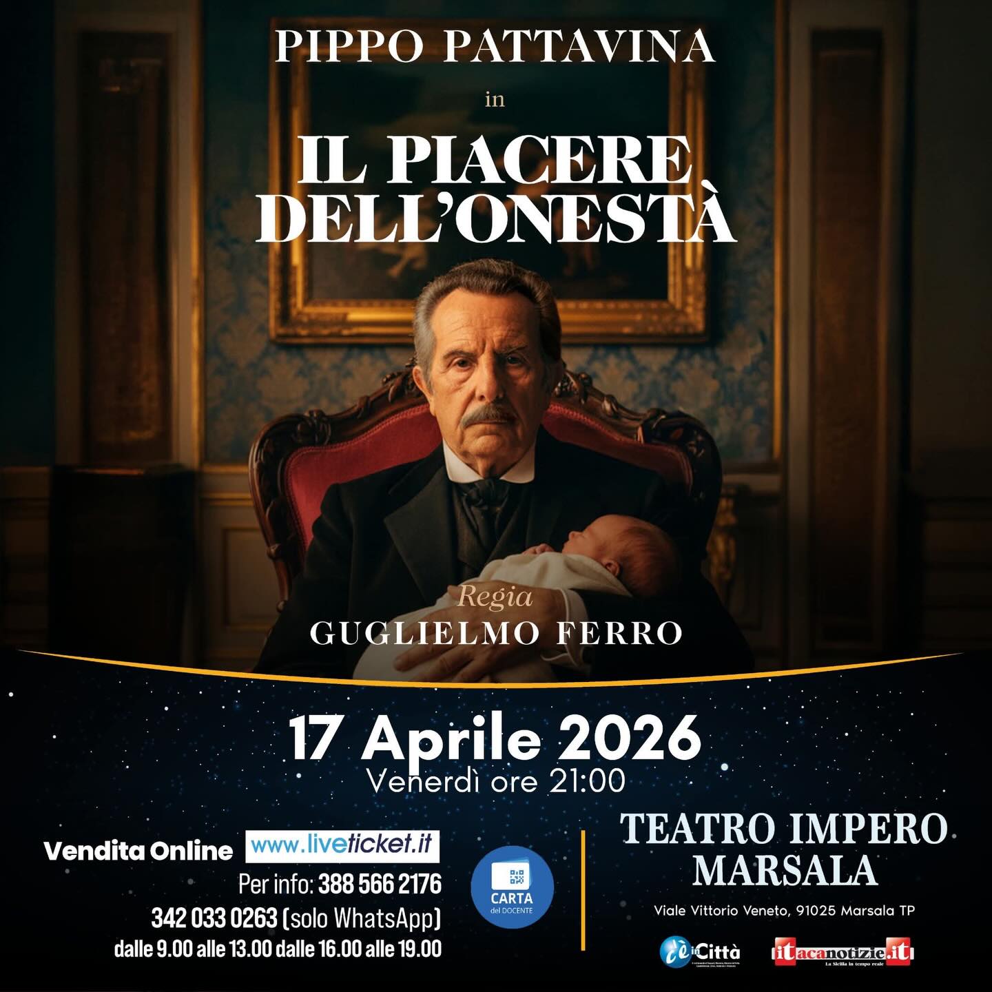 Pippo Pattavina al Teatro Impero di Marsala con “Il piacere dell’Onestà”