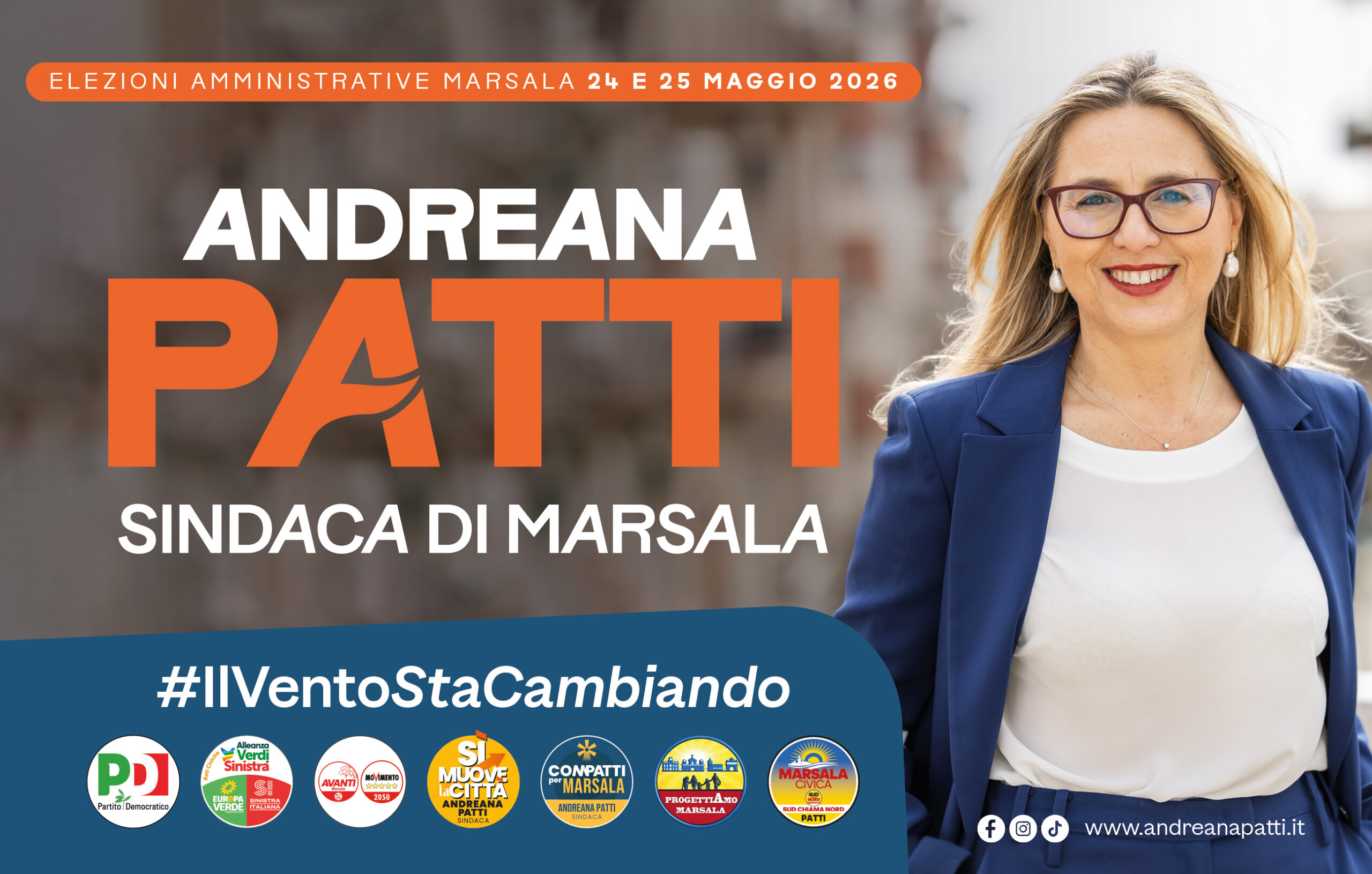 Marsala26: 𝐀𝐧𝐝𝐫𝐞𝐚𝐧𝐚 𝐏𝐚𝐭𝐭𝐢 e l’appello al voto. “Più attenzione, più cura, più futuro. Il vento sta cambiando”