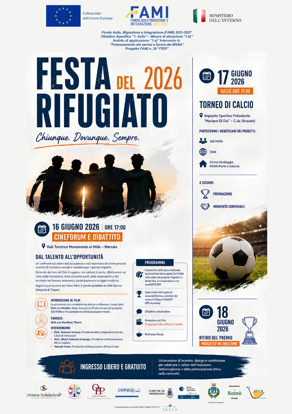 A Marsala la Festa del Rifugiato 2026: tre giornate di cinema, sport, confronto e comunità