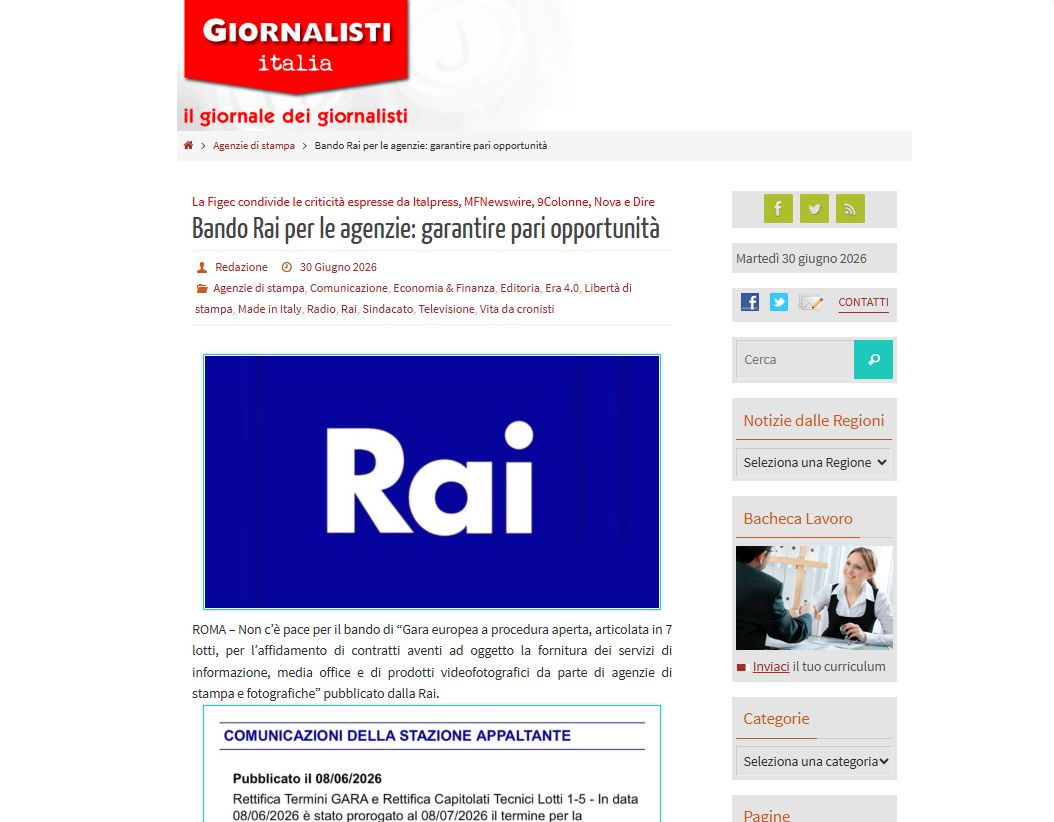 Bando Rai per le agenzie di stampa, Figec “Non garantisce pari opportunità”