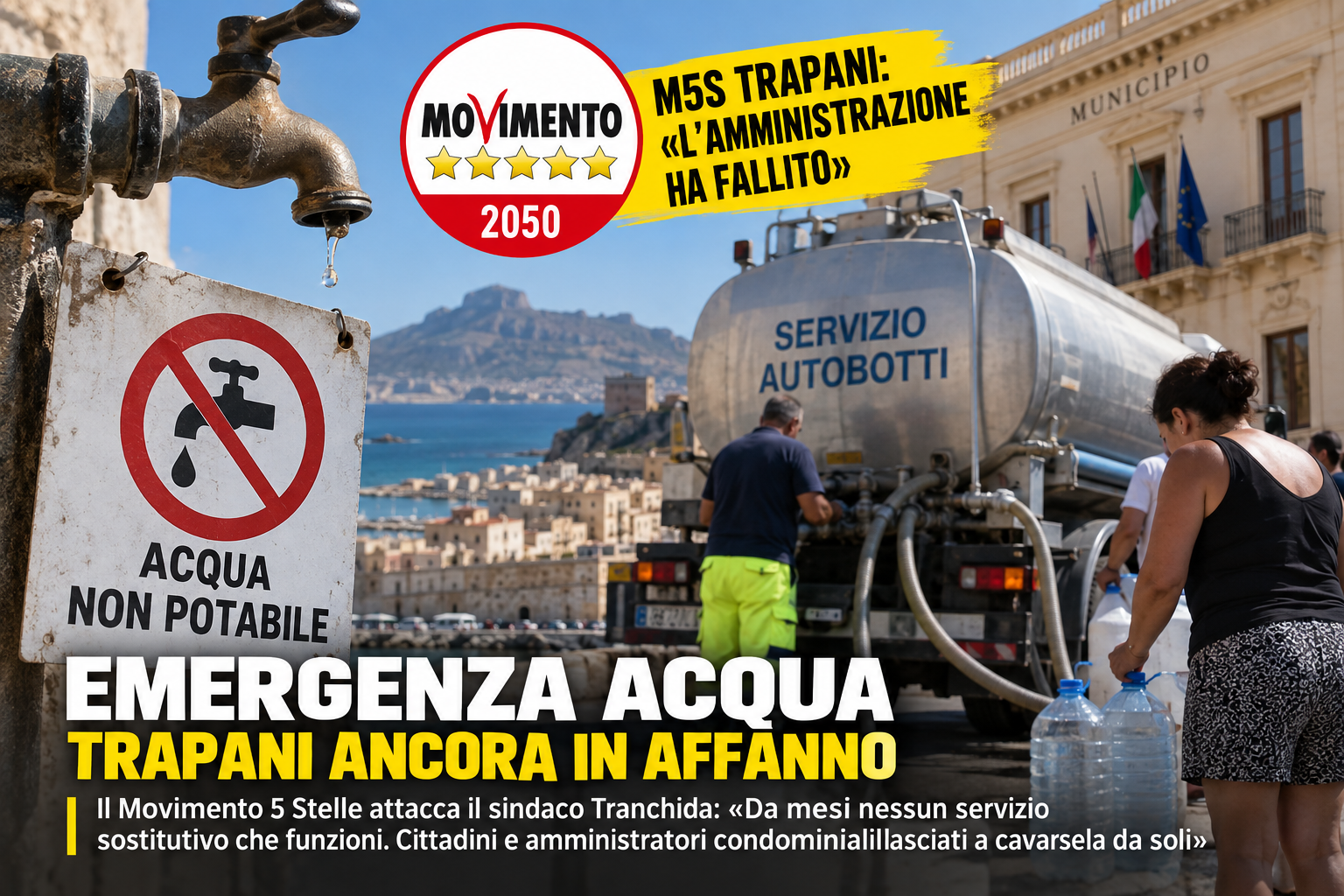 Emergenza acqua, il M5S attacca Tranchida: “Da mesi un servizio sostitutivo che non funziona”