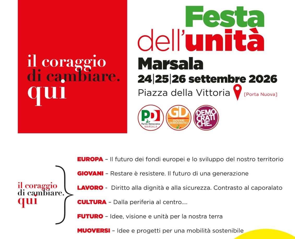 A Marsala il PD celebra la Festa dell’Unità, iniziative dal 24 al 26 settembre